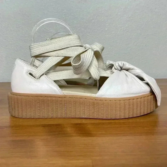 FENTY PUMA Women's 8.5 The Bow Creeper Sandals Cream Leather Lace Up Flatform - Picture 4 of 16